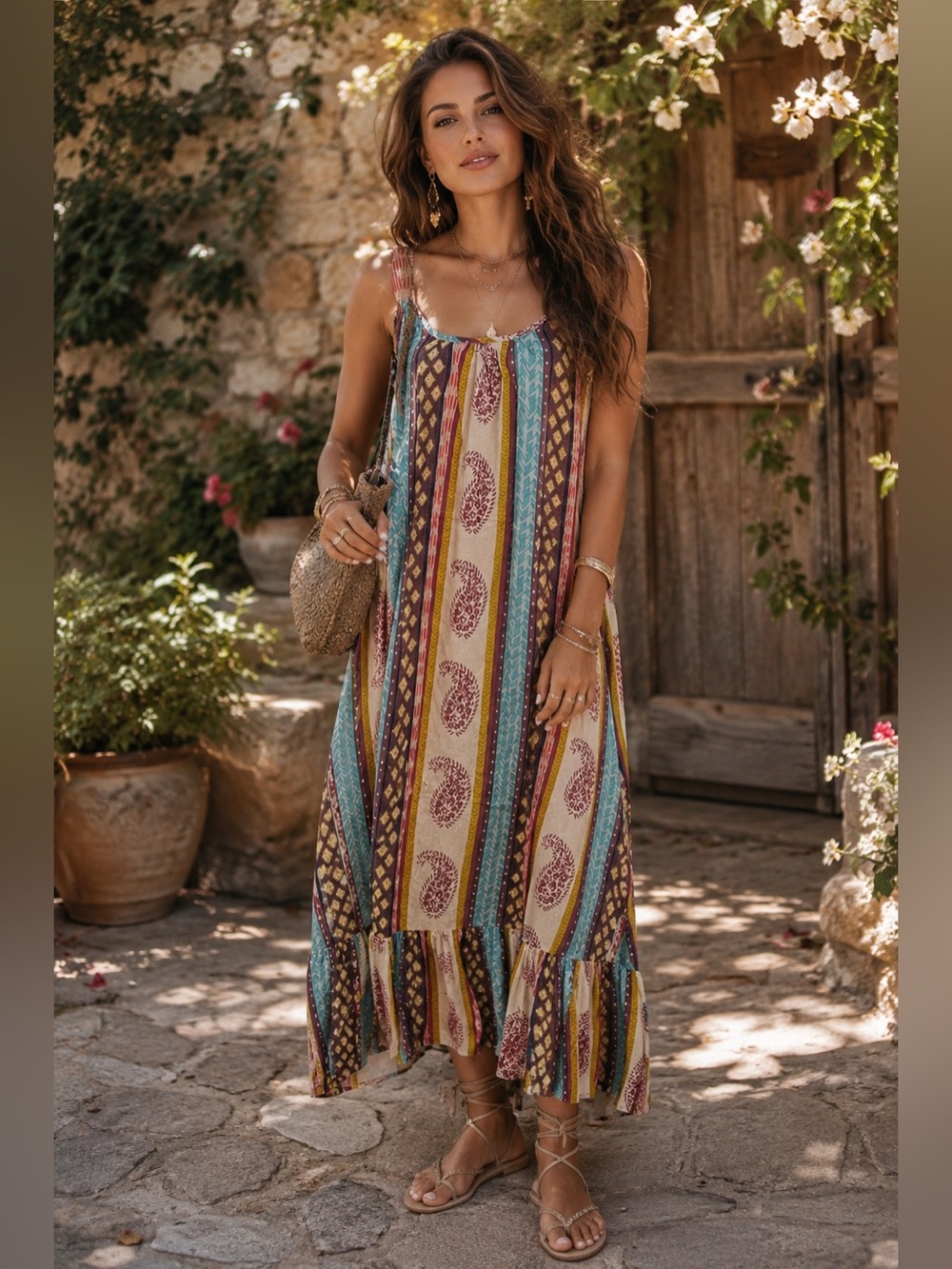 Rhea Lawrence Dress Top NWT Boho Multi Stripe Paisley Midi Dress S/M - A22